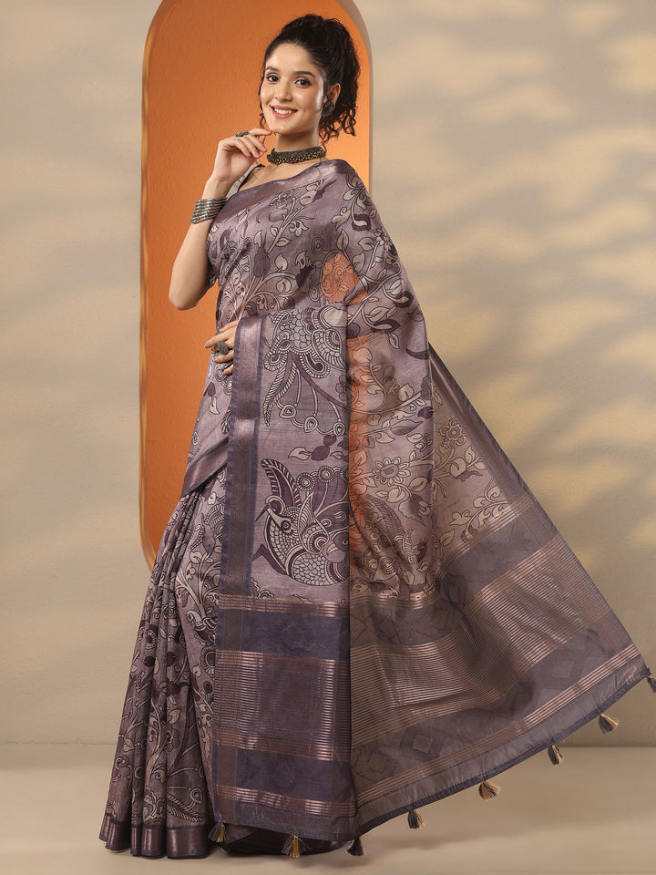 Taupe Printed Silk Blend Saree With Unstitched Blouse Piece