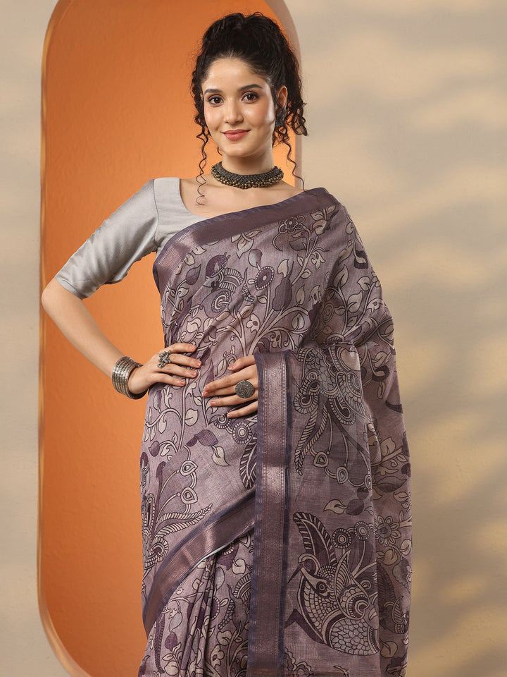 Taupe Printed Silk Blend Saree With Unstitched Blouse Piece