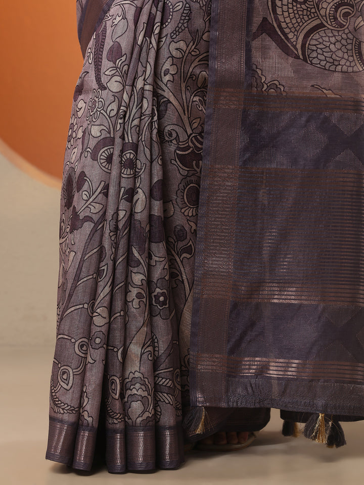 Taupe Printed Silk Blend Saree With Unstitched Blouse Piece