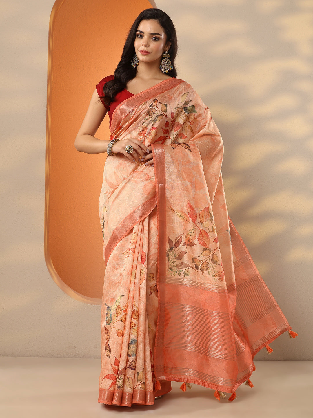 Orange Printed Silk Blend Saree With Unstitched Blouse Piece