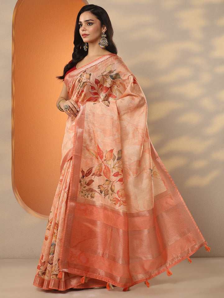 Orange Printed Silk Blend Saree With Unstitched Blouse Piece