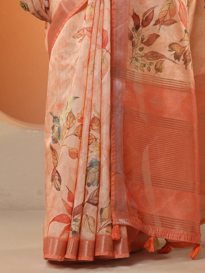 Orange Printed Silk Blend Saree With Unstitched Blouse Piece