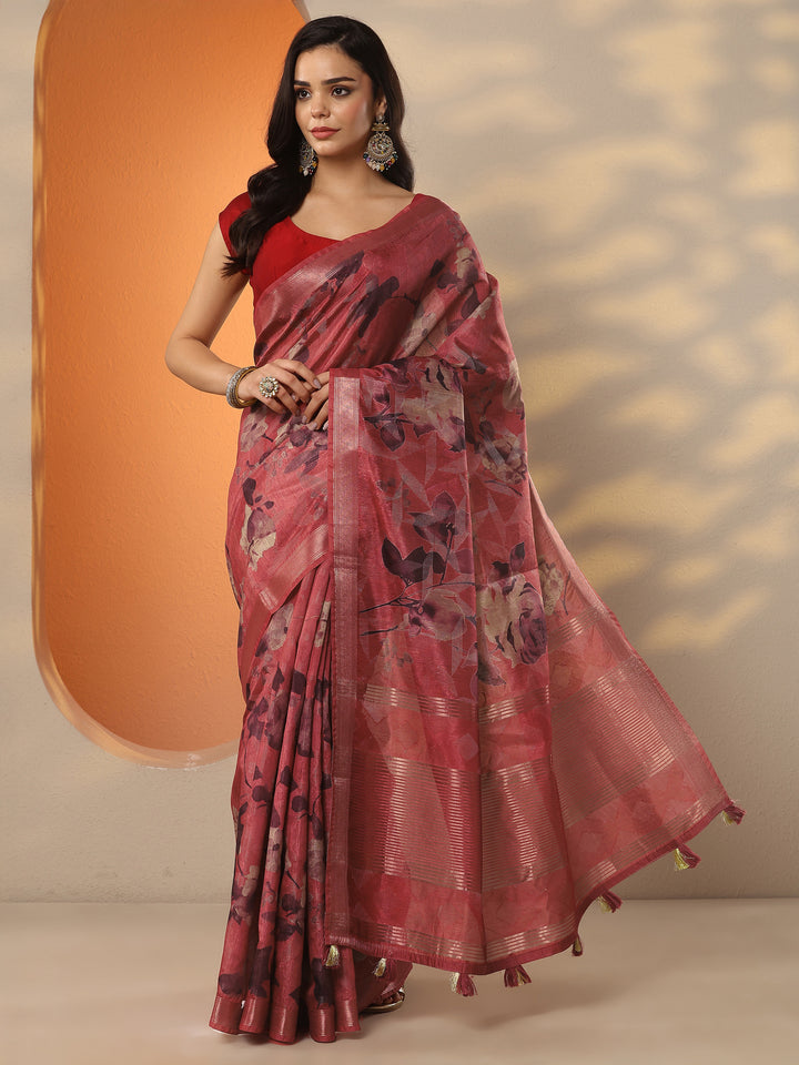 Rust Printed Silk Blend Saree With Unstitched Blouse Piece