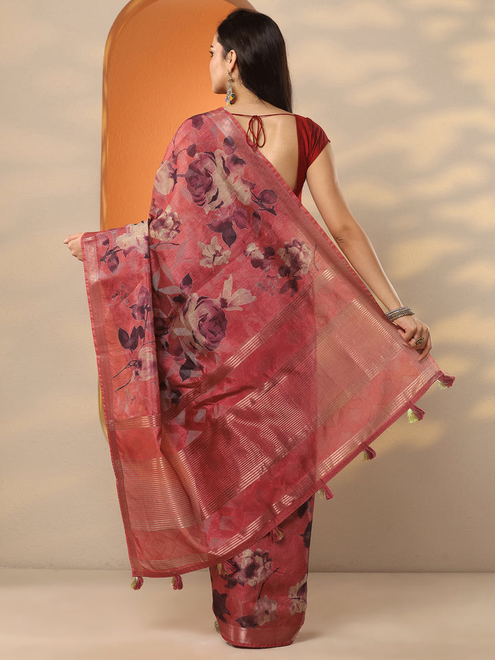 Rust Printed Silk Blend Saree With Unstitched Blouse Piece