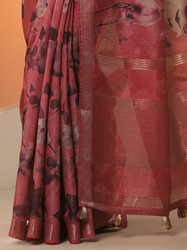 Rust Printed Silk Blend Saree With Unstitched Blouse Piece