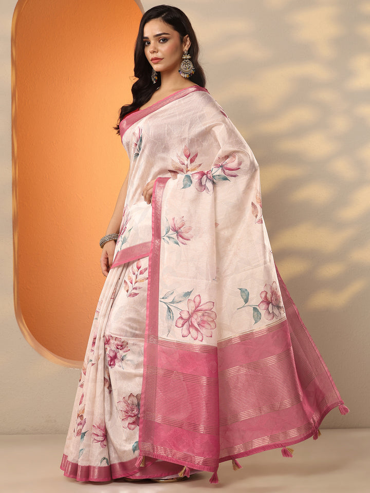 Off White Printed Silk Blend Saree With Unstitched Blouse Piece
