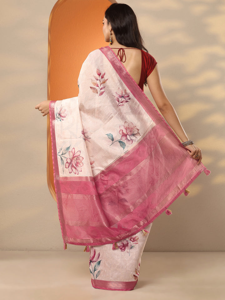 Off White Printed Silk Blend Saree With Unstitched Blouse Piece