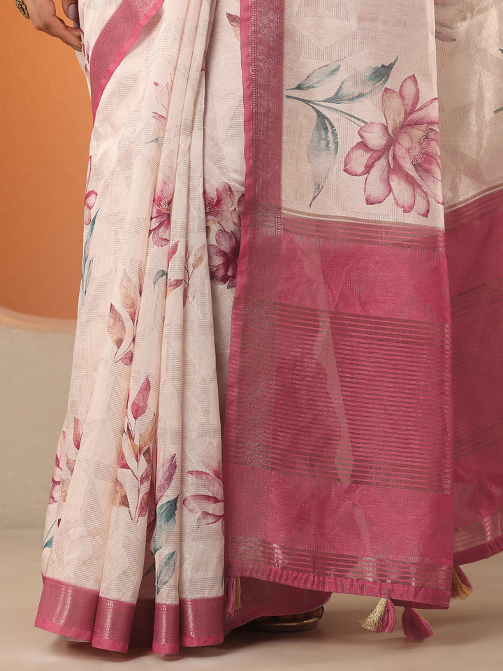 Off White Printed Silk Blend Saree With Unstitched Blouse Piece