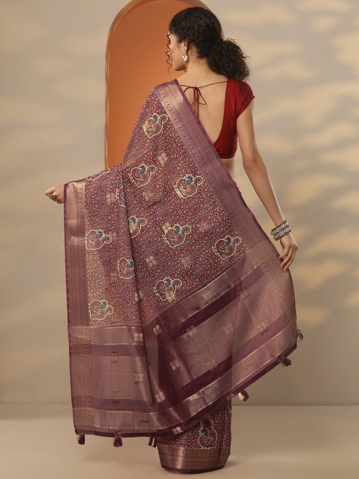 Burgundy Printed Silk Blend Saree With Unstitched Blouse Piece