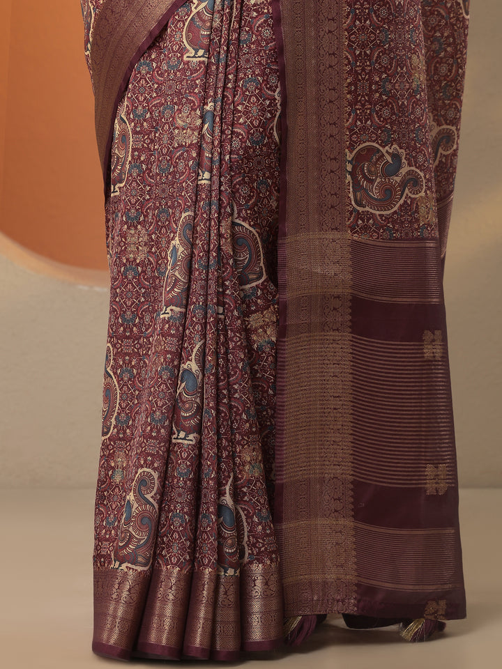 Burgundy Printed Silk Blend Saree With Unstitched Blouse Piece