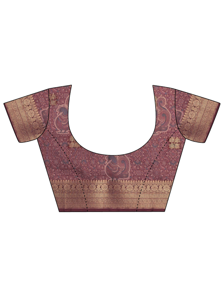 Burgundy Printed Silk Blend Saree With Unstitched Blouse Piece