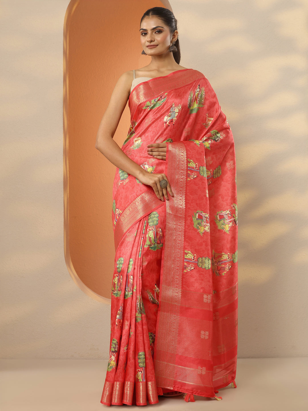 Coral Printed Silk Blend Saree With Unstitched Blouse Piece