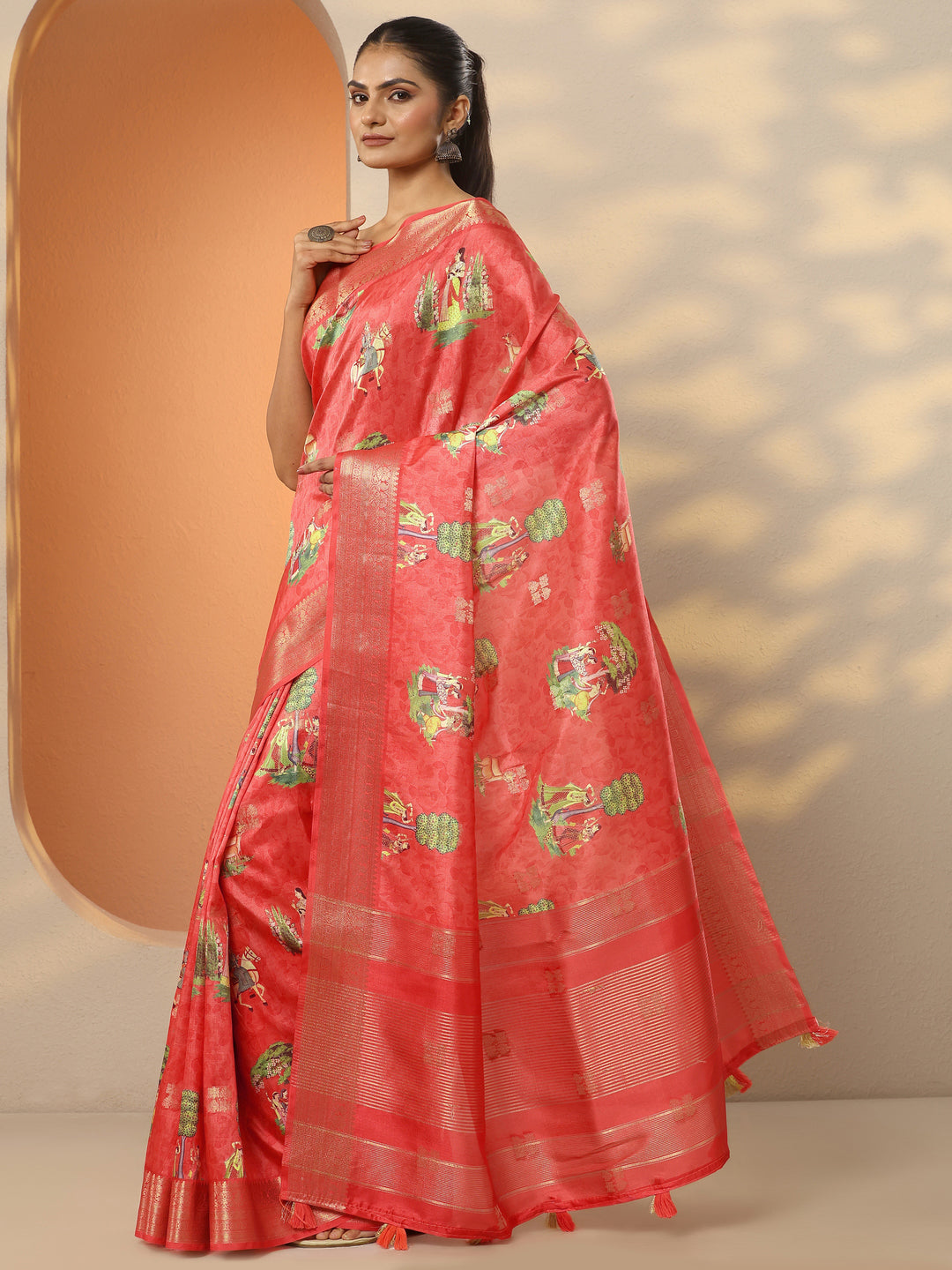 Coral Printed Silk Blend Saree With Unstitched Blouse Piece