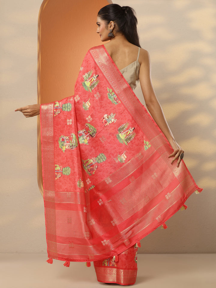 Coral Printed Silk Blend Saree With Unstitched Blouse Piece