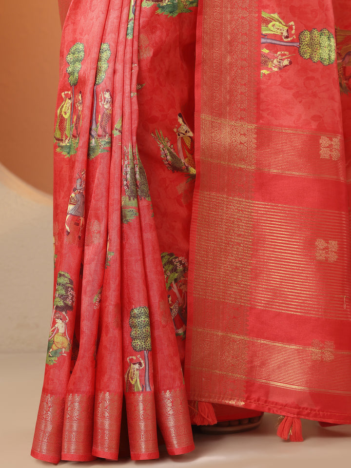 Coral Printed Silk Blend Saree With Unstitched Blouse Piece