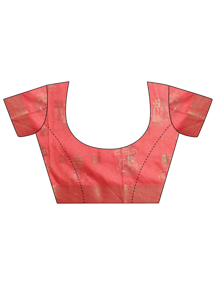 Coral Printed Silk Blend Saree With Unstitched Blouse Piece