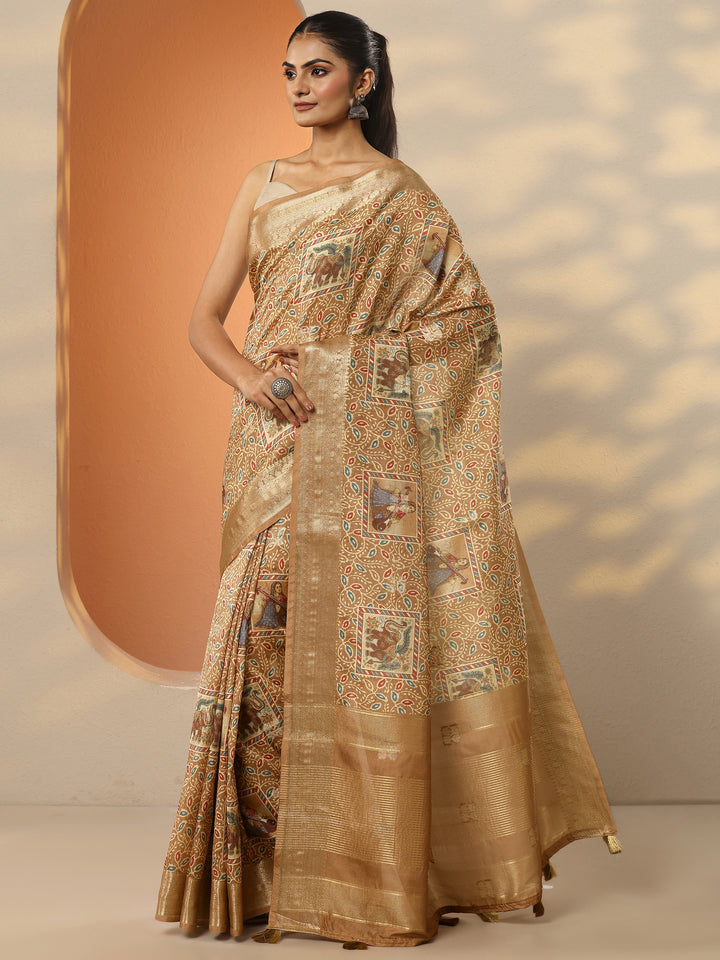 Brown Printed Silk Blend Saree With Unstitched Blouse Piece
