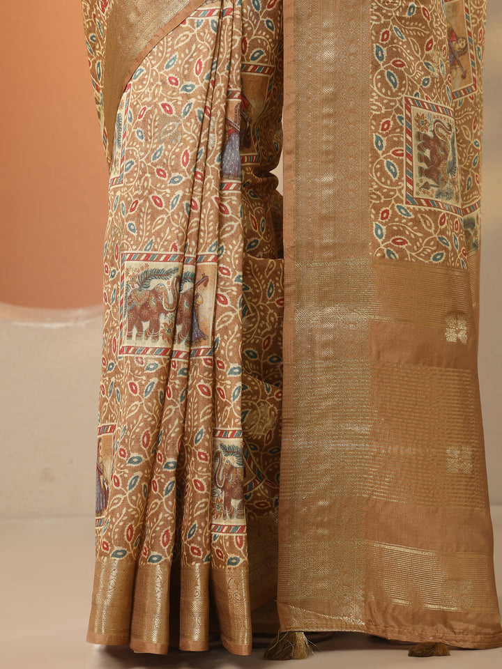 Brown Printed Silk Blend Saree With Unstitched Blouse Piece