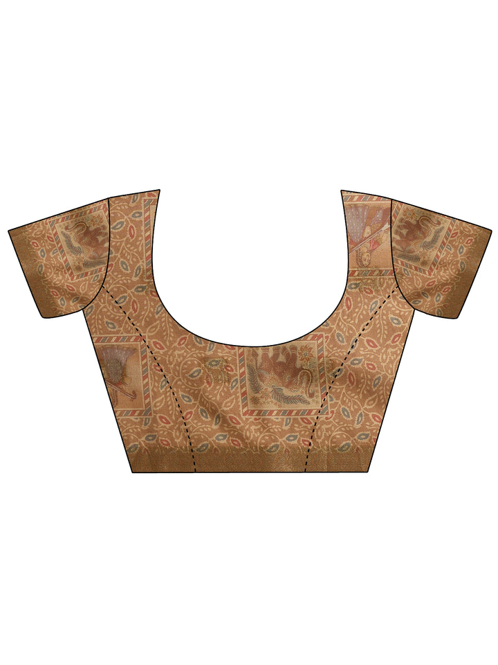Brown Printed Silk Blend Saree With Unstitched Blouse Piece