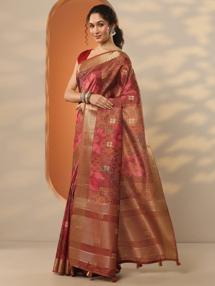 Brown Printed Silk Blend Saree With Unstitched Blouse Piece