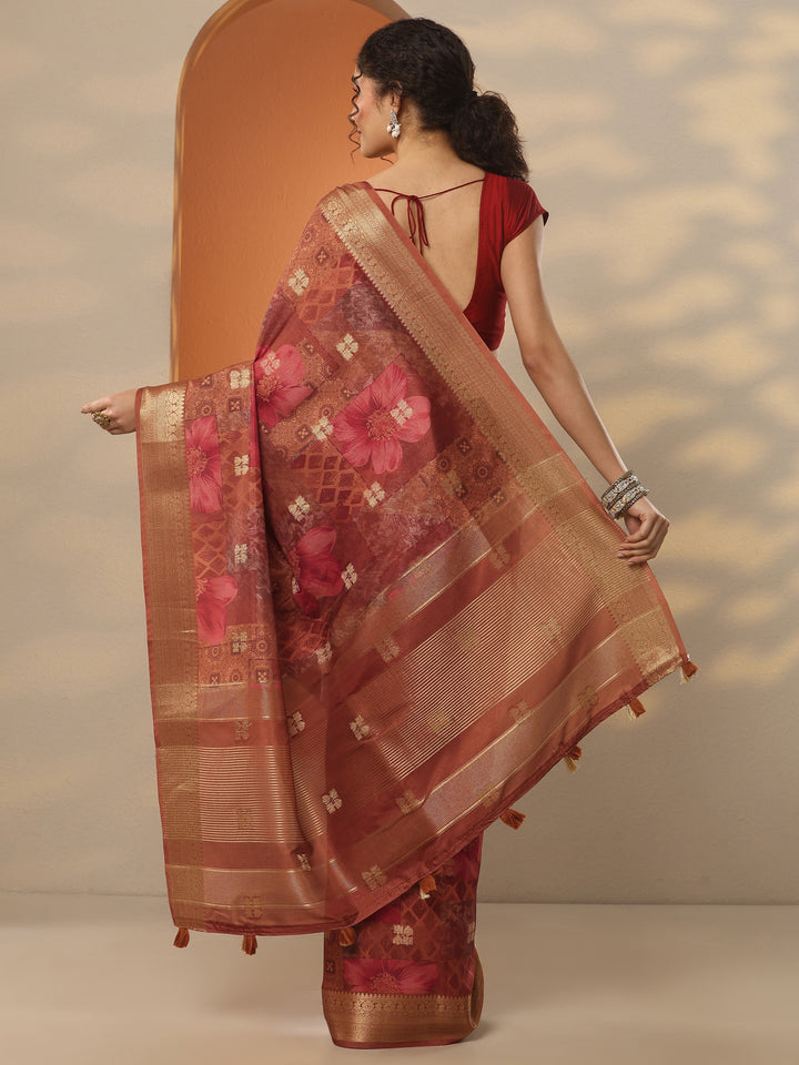 Brown Printed Silk Blend Saree With Unstitched Blouse Piece