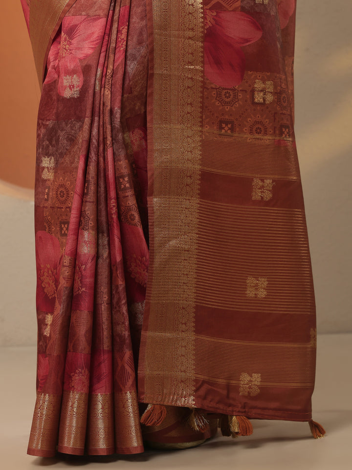 Brown Printed Silk Blend Saree With Unstitched Blouse Piece
