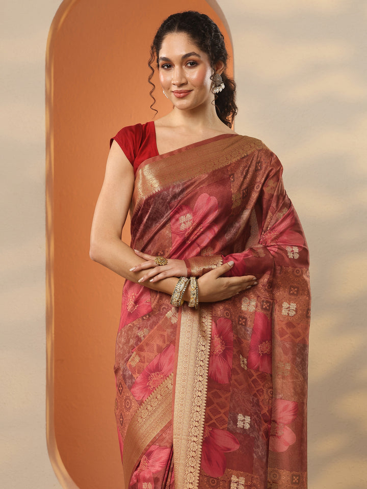 Brown Printed Silk Blend Saree With Unstitched Blouse Piece