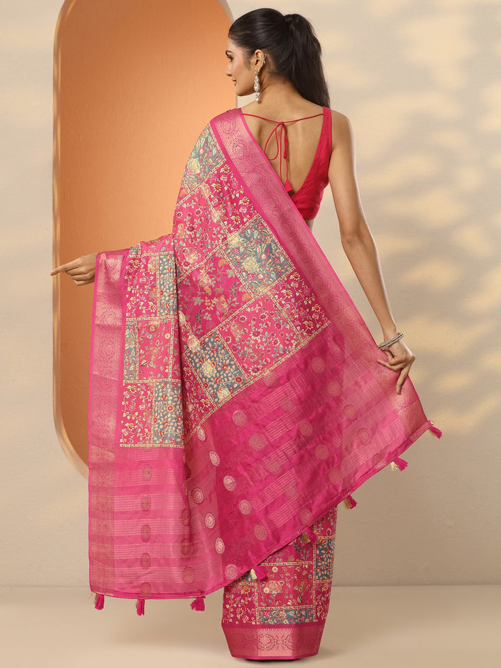 Pink Printed Silk Blend Saree With Unstitched Blouse Piece