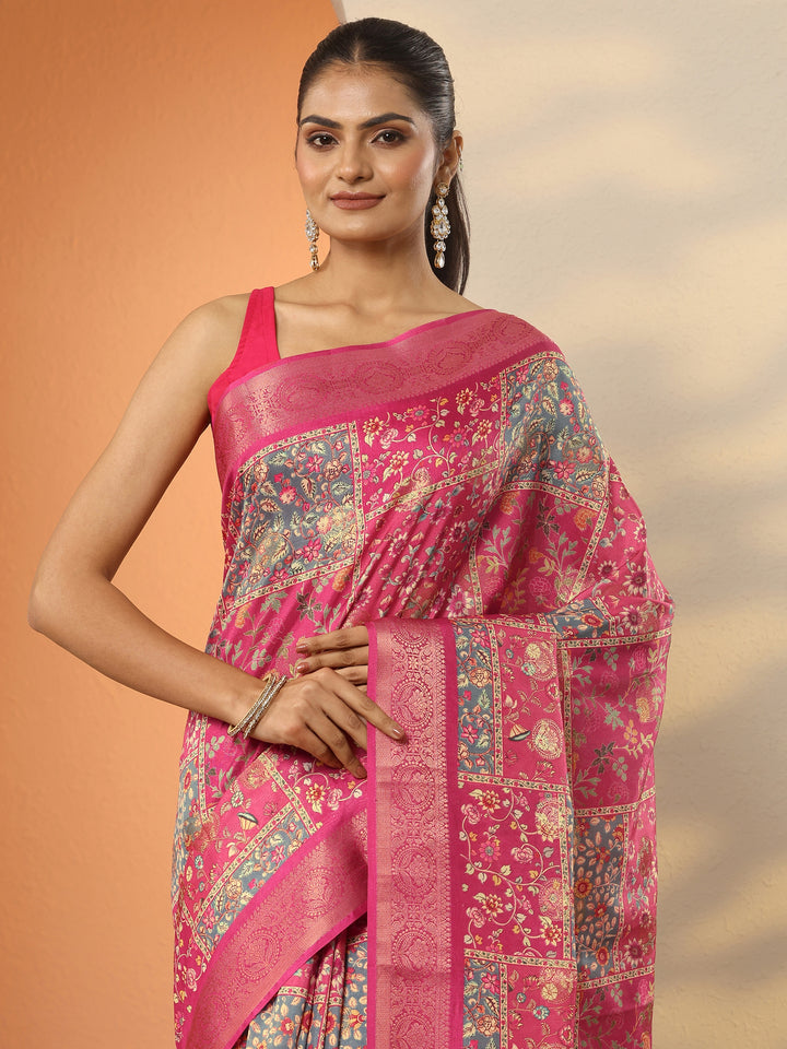 Pink Printed Silk Blend Saree With Unstitched Blouse Piece