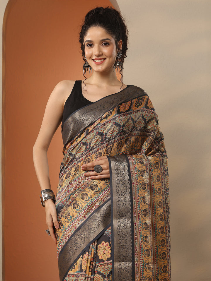 Mustard Printed Silk Blend Saree With Unstitched Blouse Piece