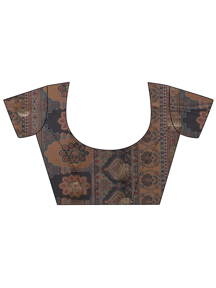 Mustard Printed Silk Blend Saree With Unstitched Blouse Piece