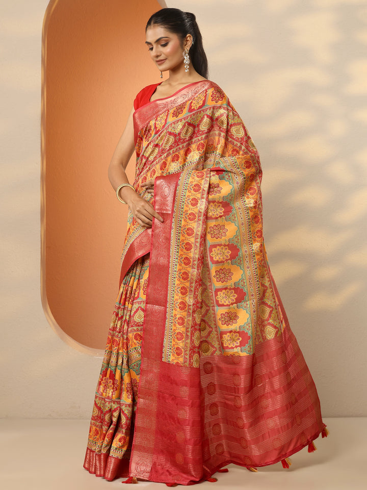 Multi Printed Silk Blend Saree With Unstitched Blouse Piece
