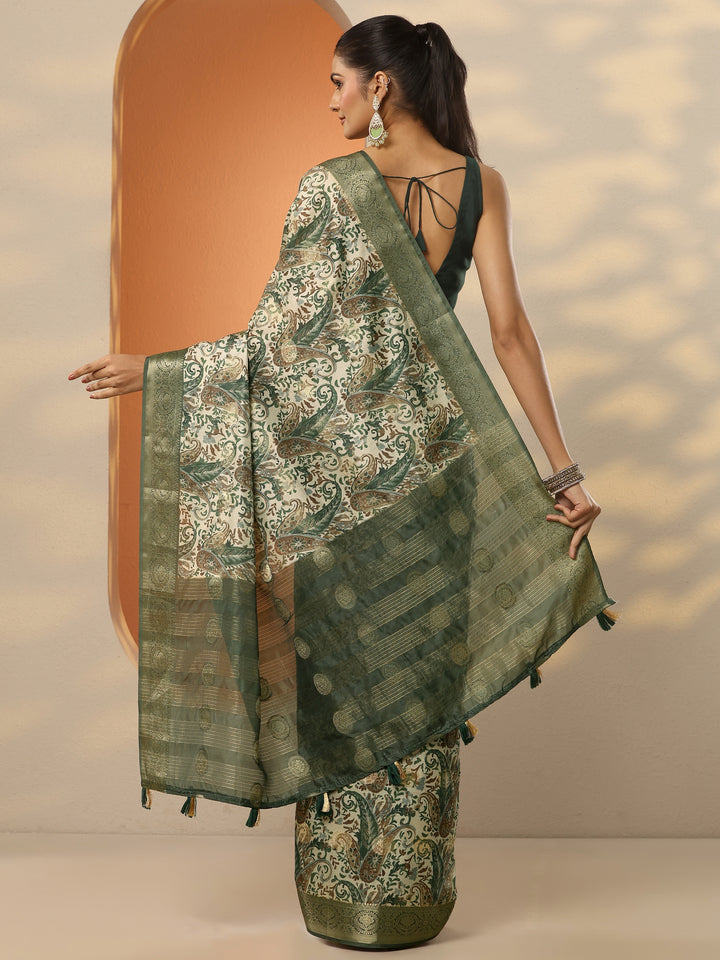 Green Printed Silk Blend Saree With Unstitched Blouse Piece