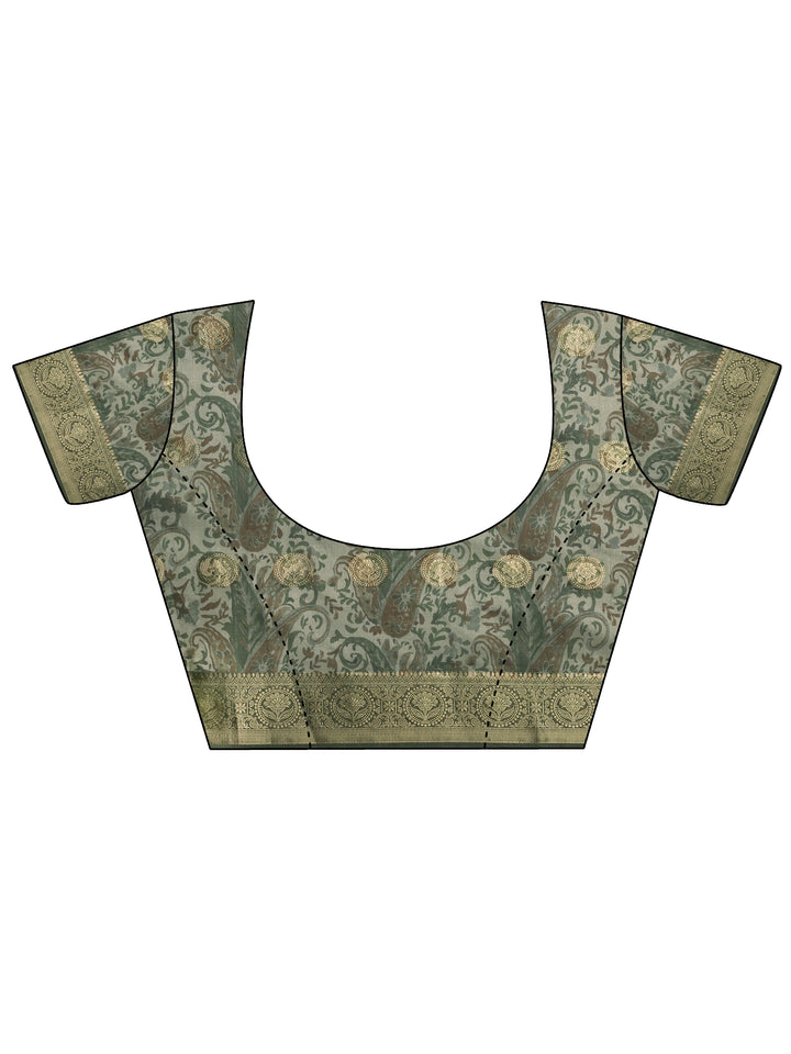 Green Printed Silk Blend Saree With Unstitched Blouse Piece