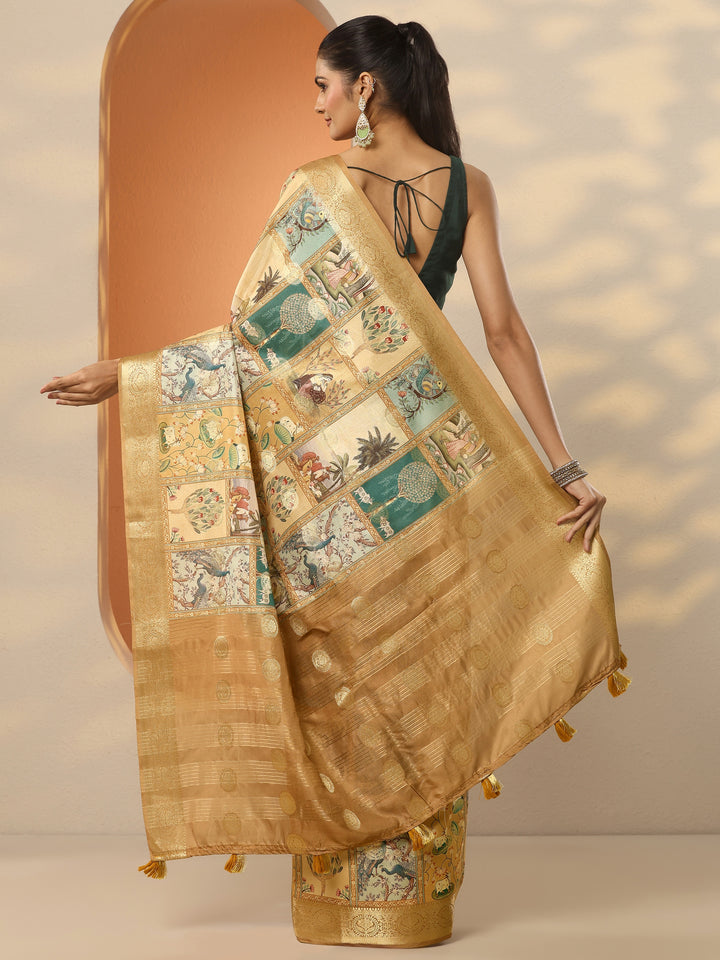 Beige Printed Silk Blend Saree With Unstitched Blouse Piece