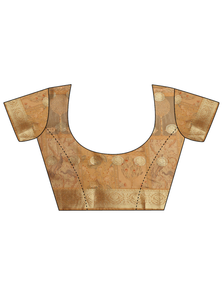 Beige Printed Silk Blend Saree With Unstitched Blouse Piece