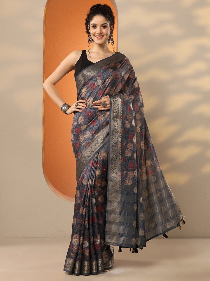 Grey Printed Silk Blend Saree With Unstitched Blouse Piece