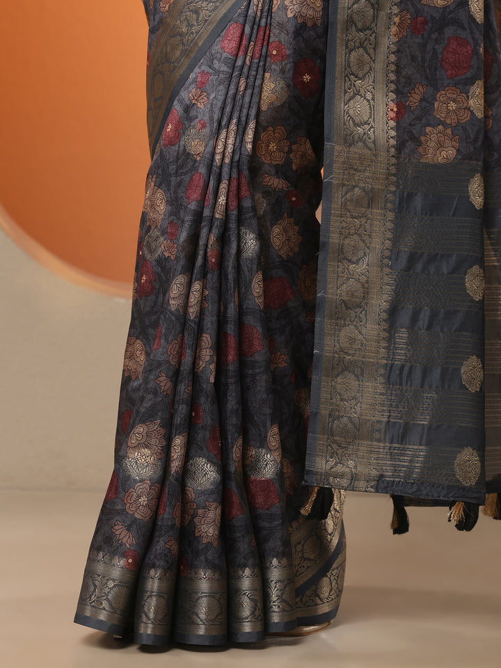 Grey Printed Silk Blend Saree With Unstitched Blouse Piece