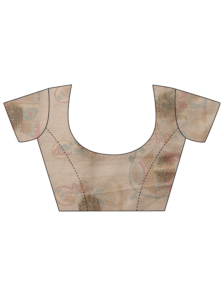 Beige Printed Silk Blend Saree With Unstitched Blouse Piece