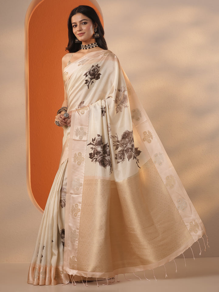 Cream Printed Silk Blend Saree With Unstitched Blouse Piece