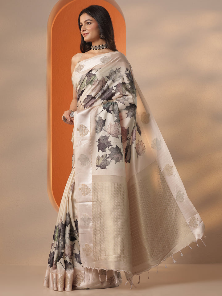 Cream Printed Silk Blend Saree With Unstitched Blouse Piece