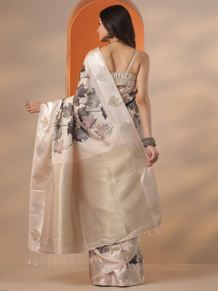 Cream Printed Silk Blend Saree With Unstitched Blouse Piece