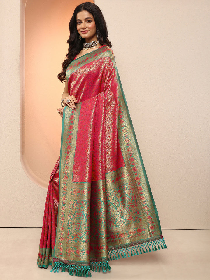 Red Woven Design Silk Blend Saree With Unstitched Blouse Piece