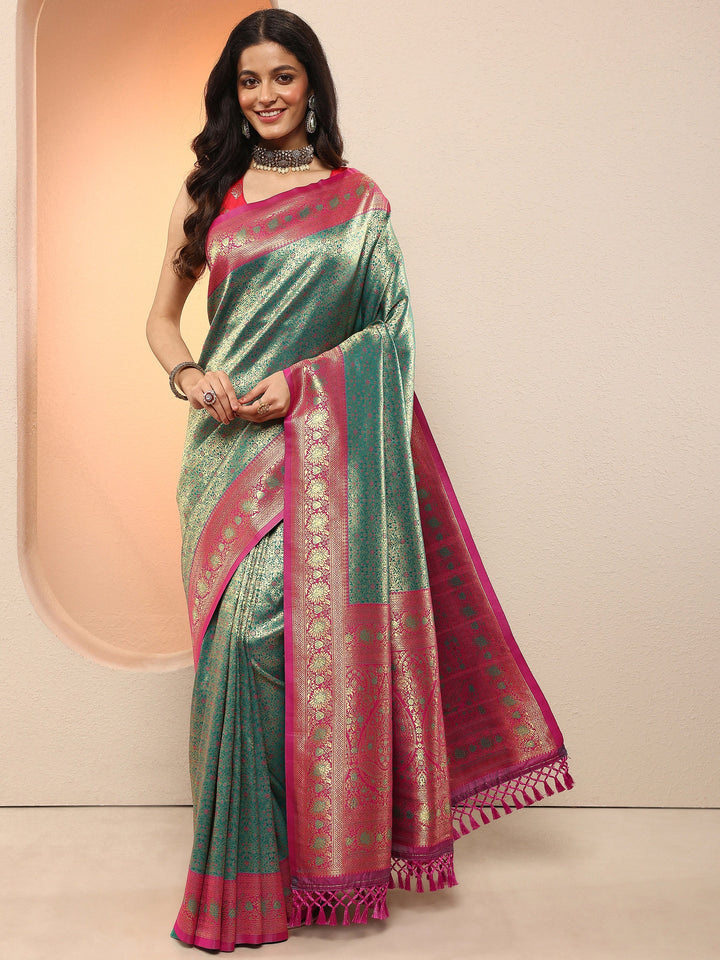 Green Woven Design Silk Blend Saree With Unstitched Blouse Piece