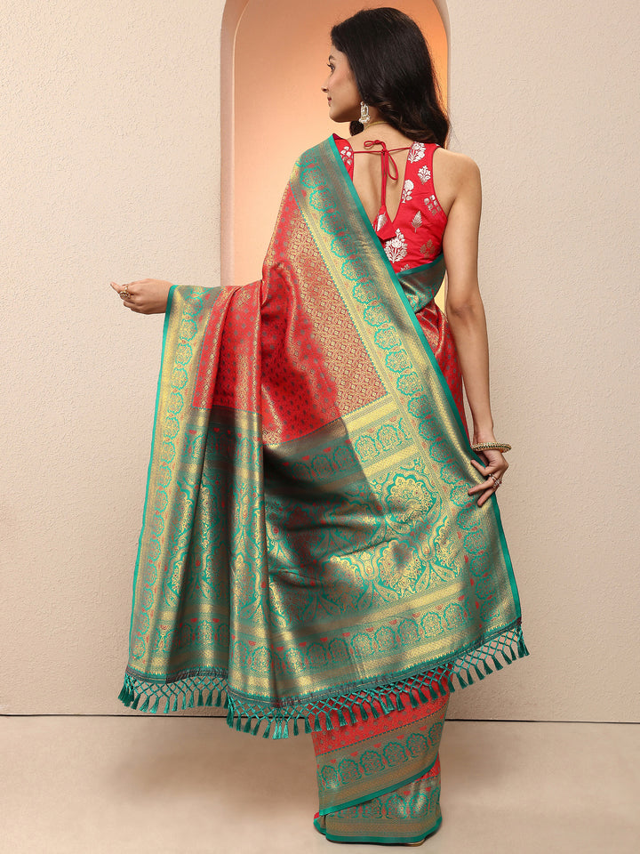 Red Woven Design Silk Blend Saree With Unstitched Blouse Piece