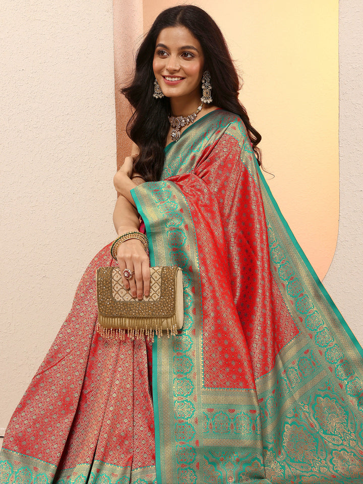 Red Woven Design Silk Blend Saree With Unstitched Blouse Piece