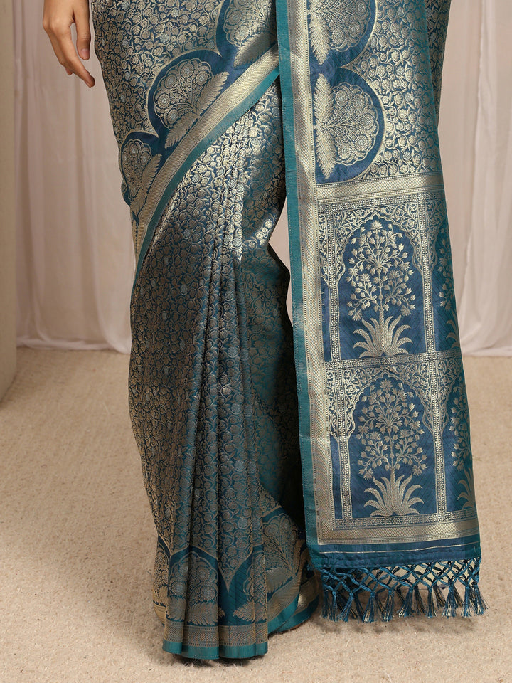 Teal Woven Design Silk Blend Saree With Unstitched Blouse Piece