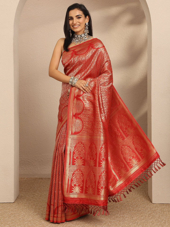 Libas Red Woven Design Silk Blend Saree With Unstitched Blouse Piece