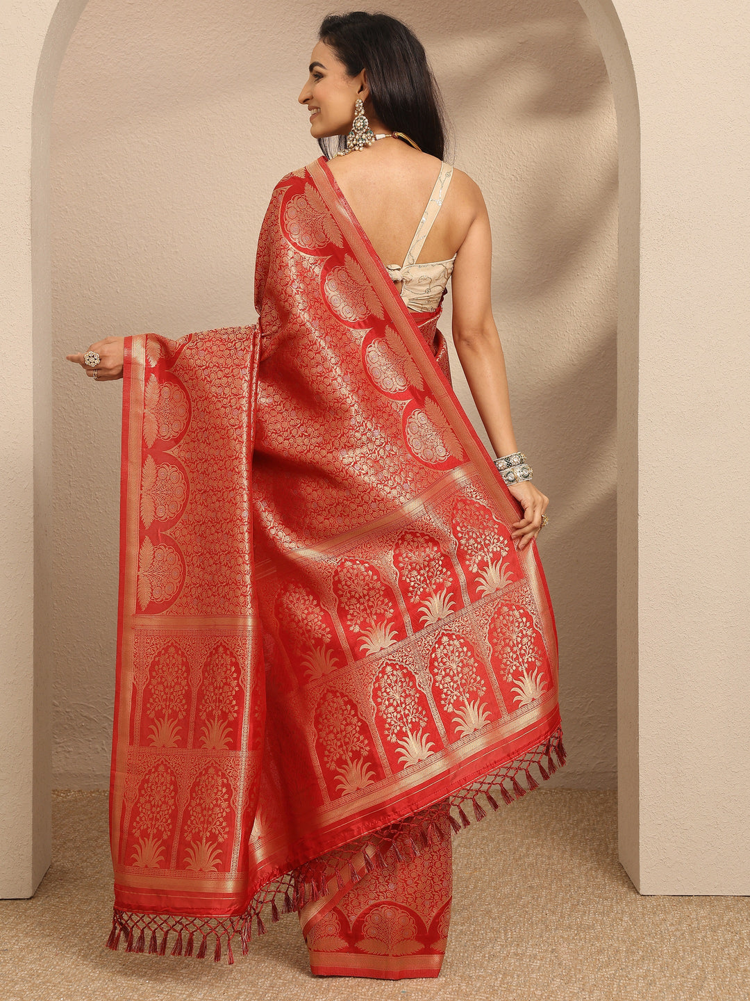 Libas Red Woven Design Silk Blend Saree With Unstitched Blouse Piece