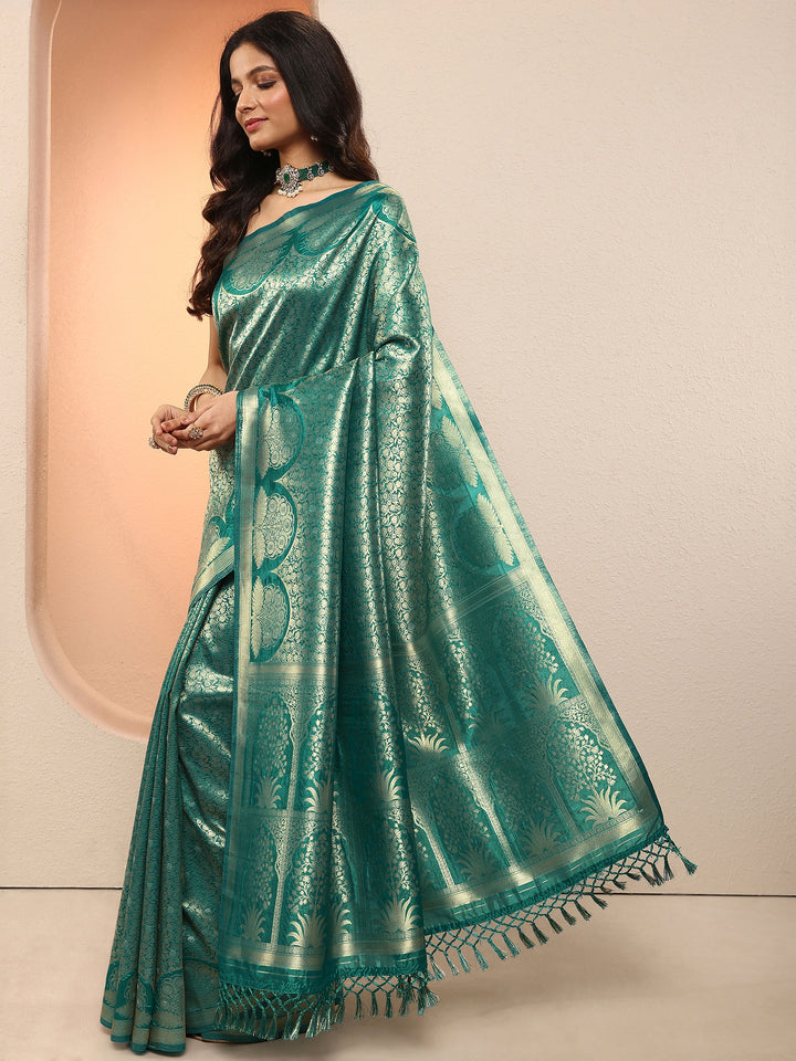 Green Woven Design Silk Blend Saree With Unstitched Blouse Piece